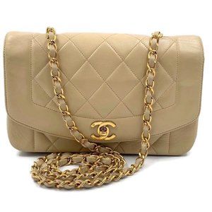 Authentic CHANEL Lambskin Small Diana Single Chain Single Flap Bag Beige